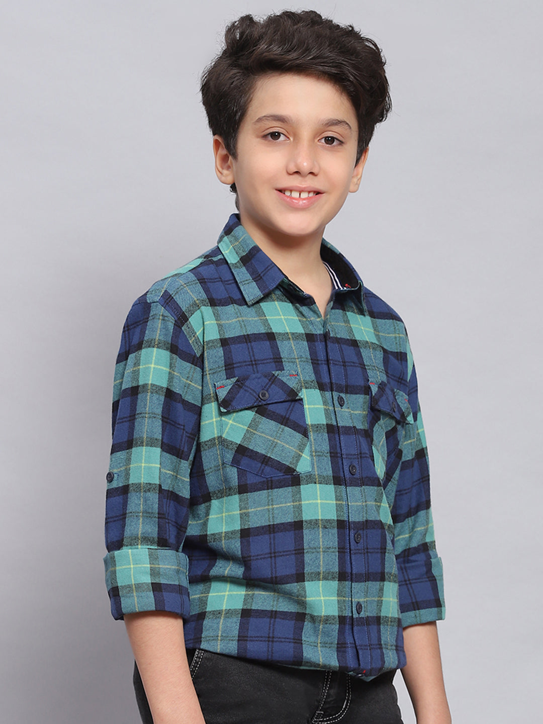 Boys Blue Check Spread Collar Full Sleeve Shirts