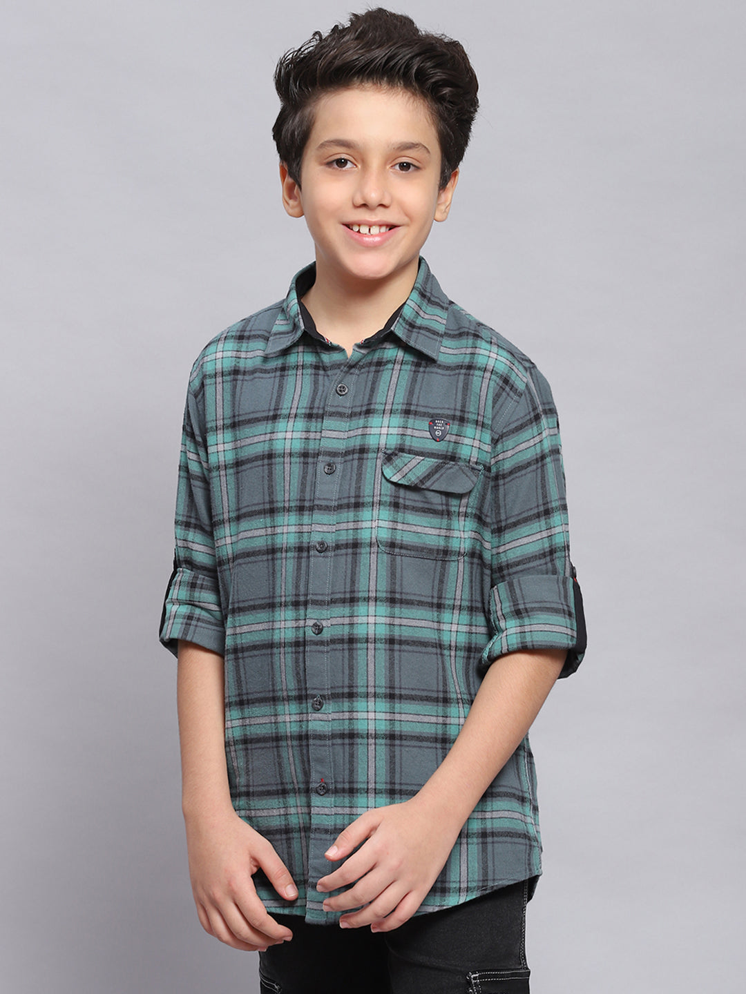 Boys Green Check Spread Collar Full Sleeve Shirts