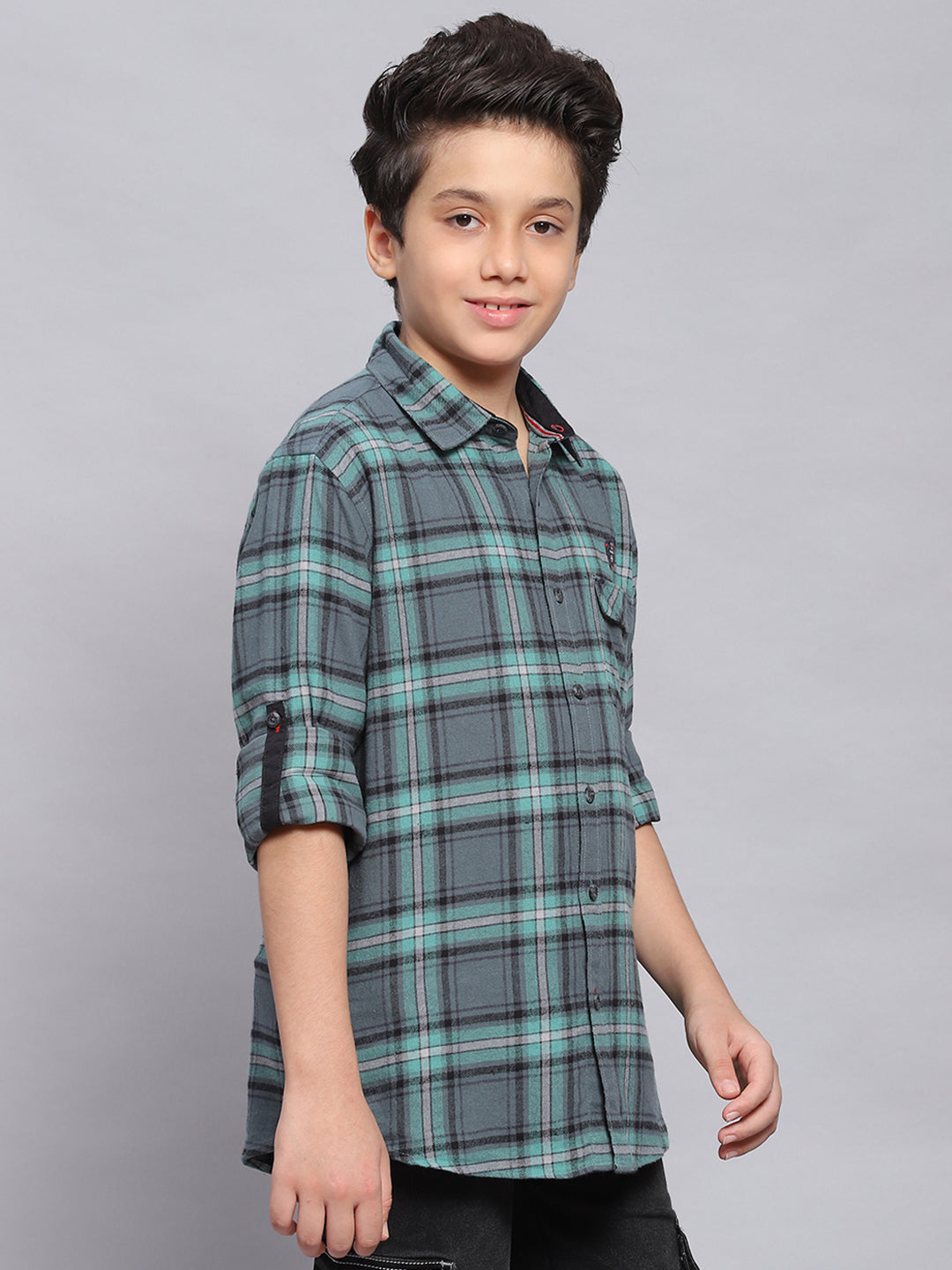 Boys Green Check Spread Collar Full Sleeve Shirts