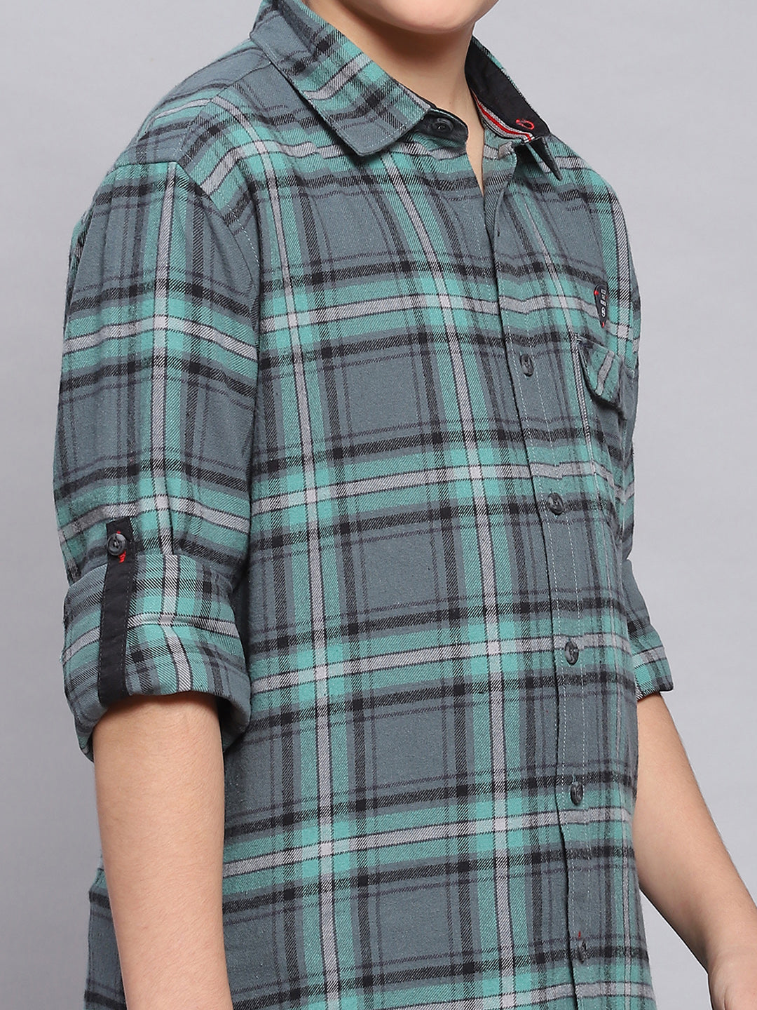 Boys Green Check Spread Collar Full Sleeve Shirts