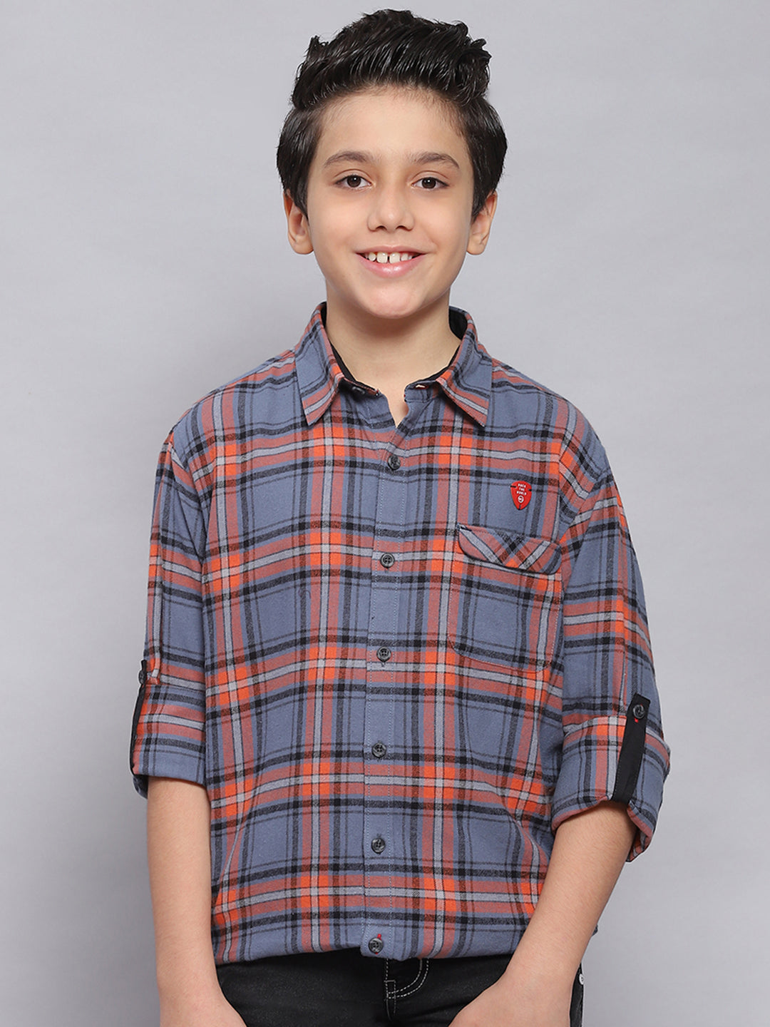 Boys Orange Check Spread Collar Full Sleeve Shirts