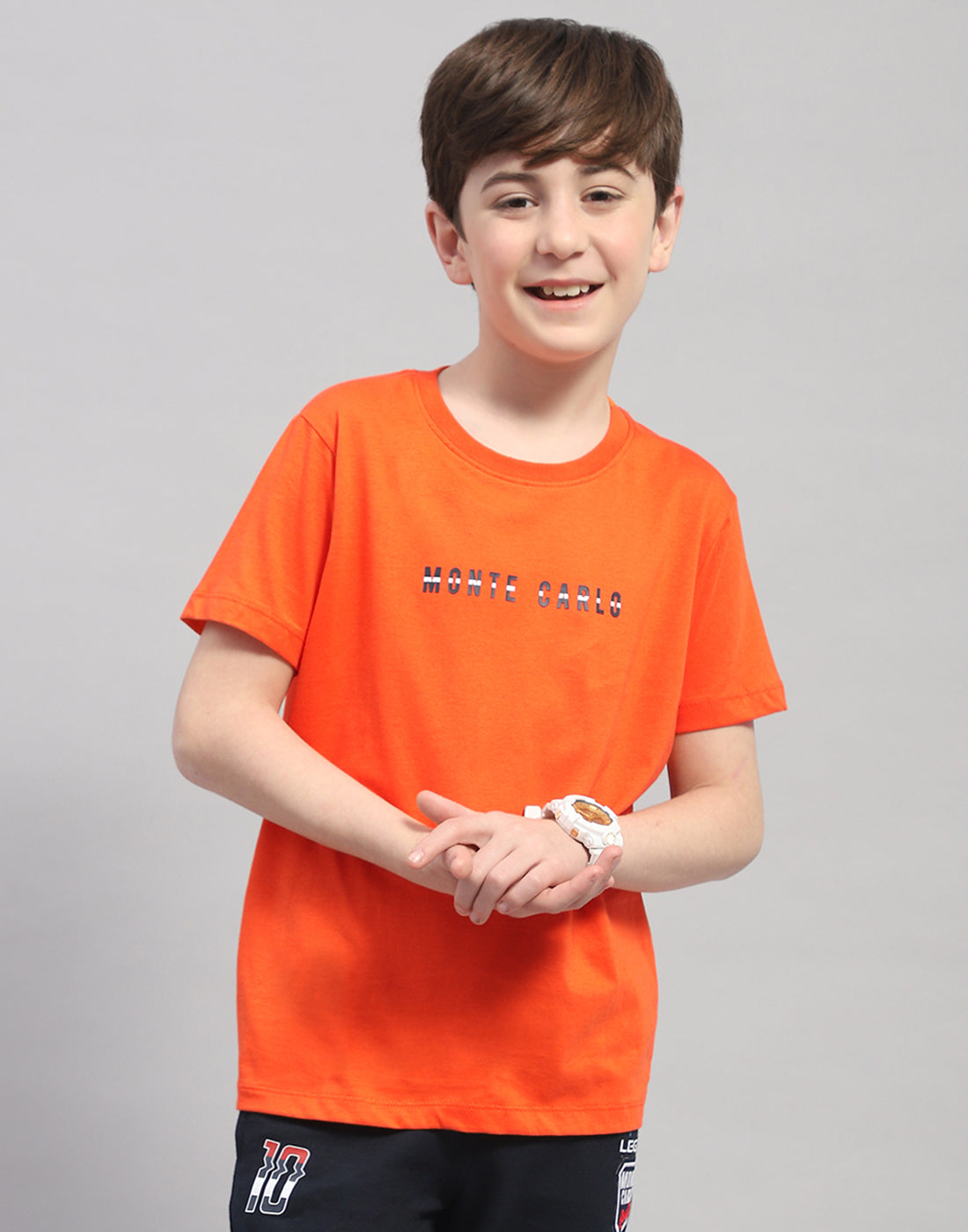 Boys Orange Printed Round Neck Half Sleeve T-Shirt