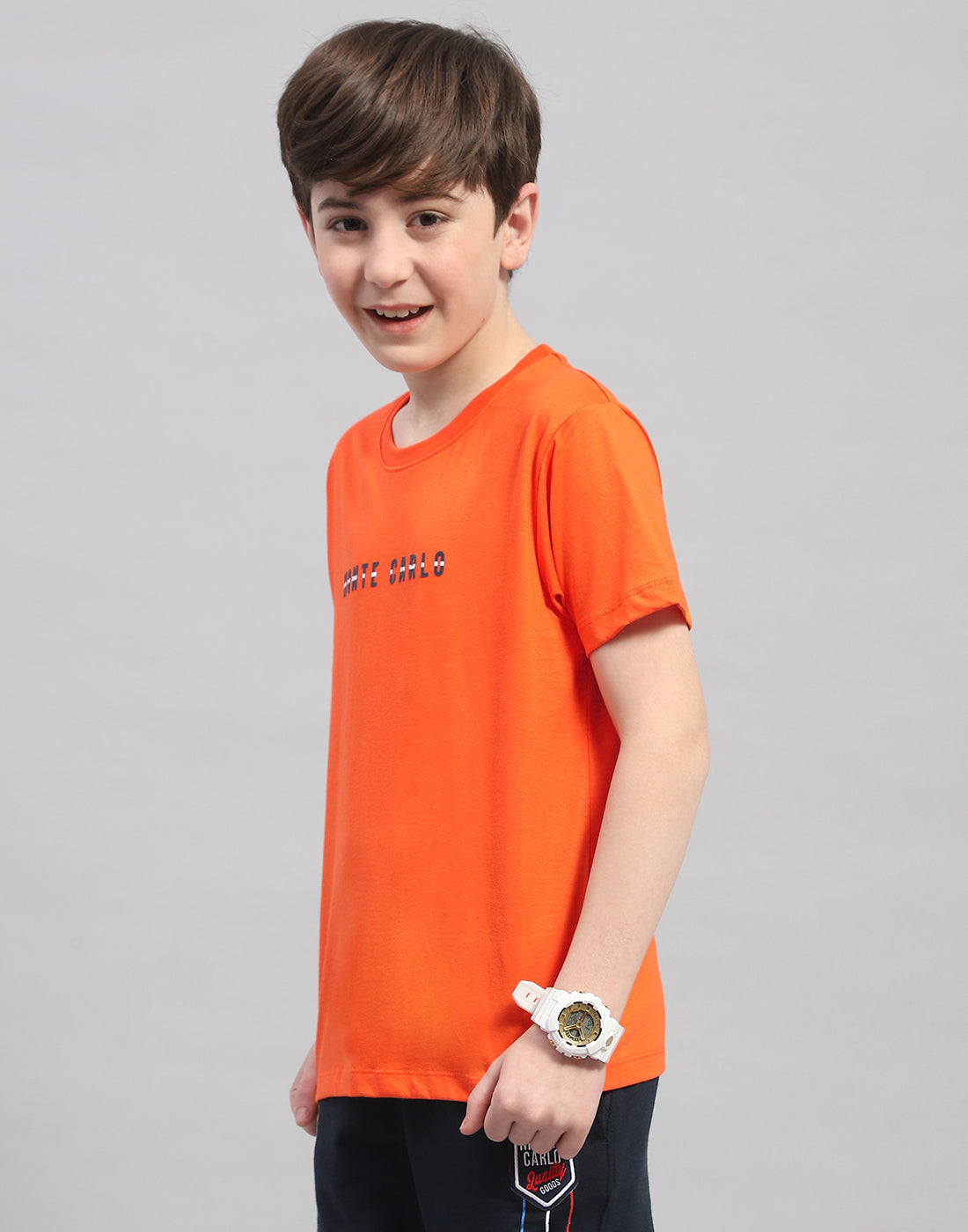 Boys Orange Printed Round Neck Half Sleeve T-Shirt