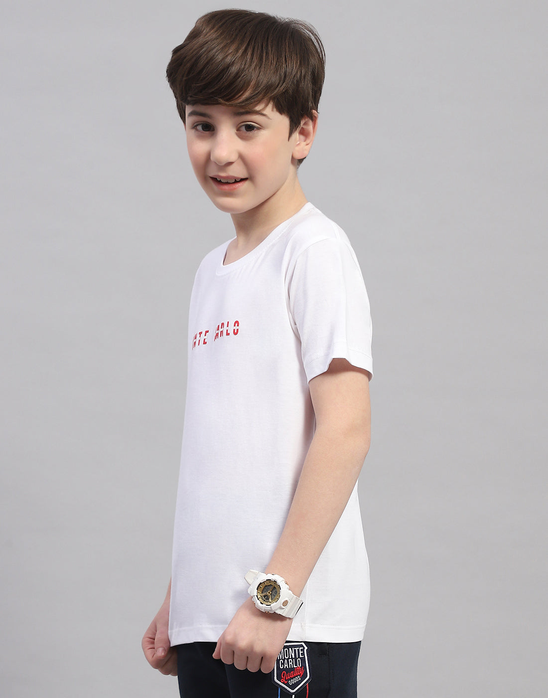 Boys White Printed Round Neck Half Sleeve T-Shirt