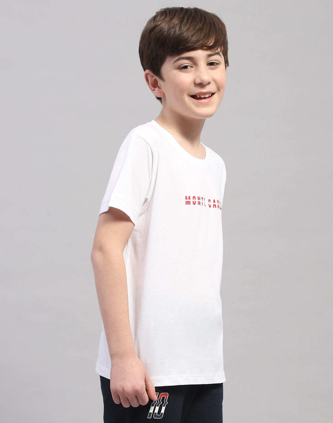 Boys White Printed Round Neck Half Sleeve T-Shirt