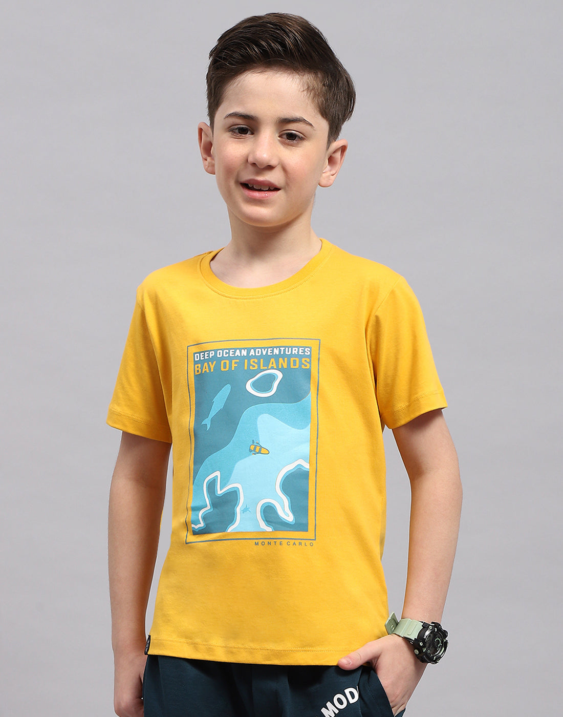 Boys Mustar & Aqua Blue Printed Round Neck Half Sleeve T-Shirt (Pack of 2)