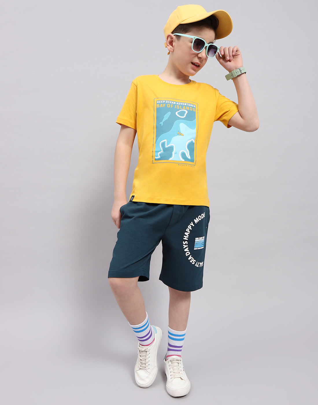 Boys Mustar & Aqua Blue Printed Round Neck Half Sleeve T-Shirt (Pack of 2)