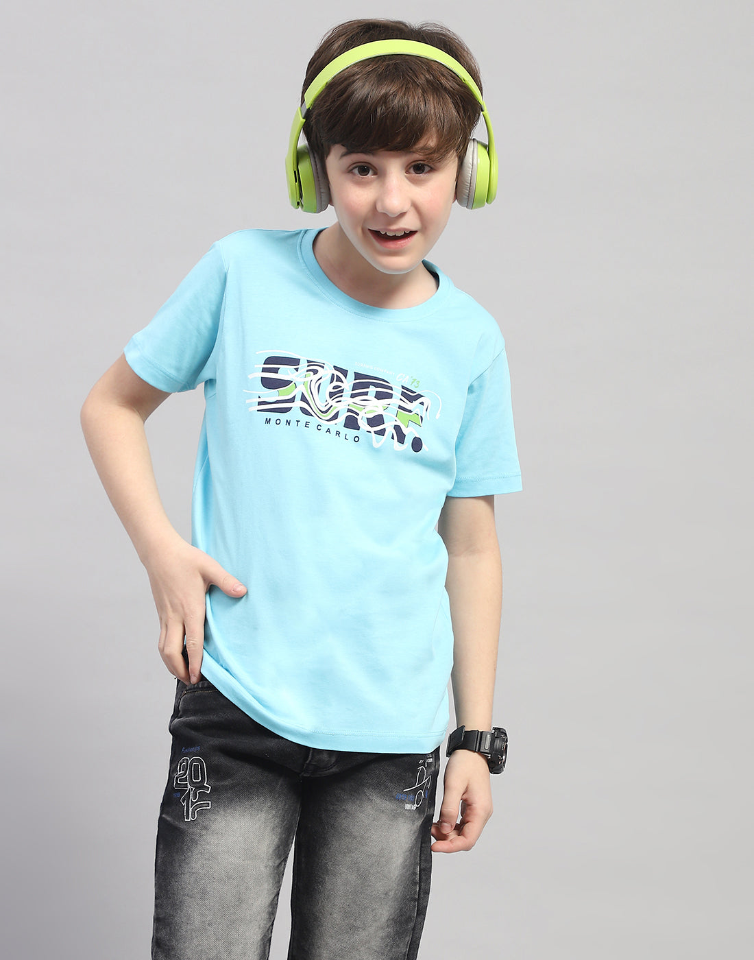 Boys Green & Turquoise Blue Printed Round Neck Half Sleeve T-Shirt (Pack of 2)