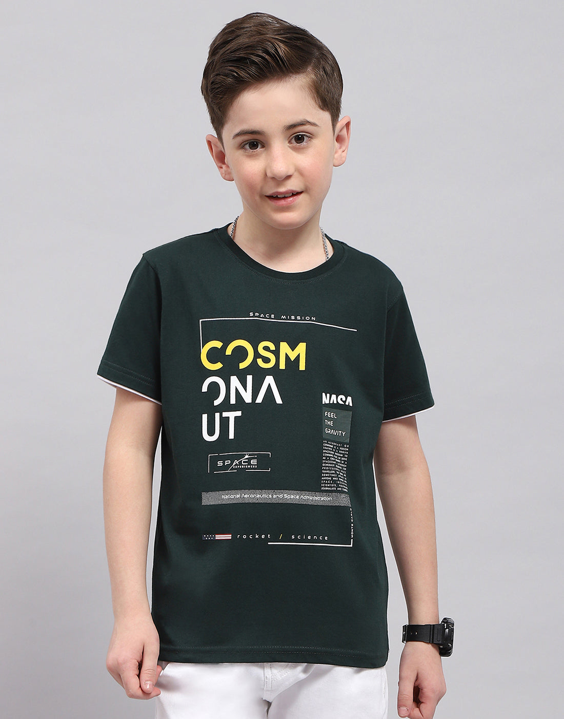 Boys Green Printed Round Neck Half Sleeve T-Shirt