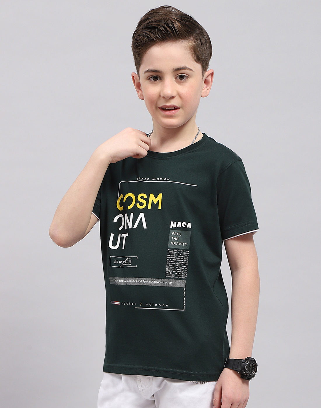 Boys Green Printed Round Neck Half Sleeve T-Shirt