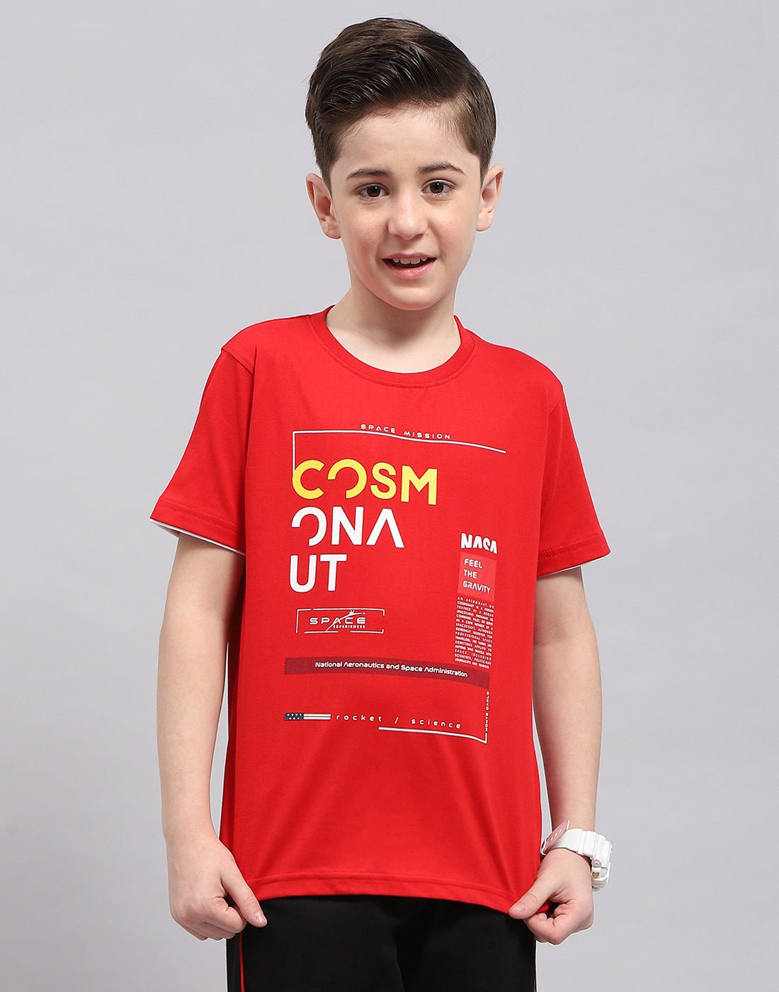 Boys Red Printed Round Neck Half Sleeve T-Shirt