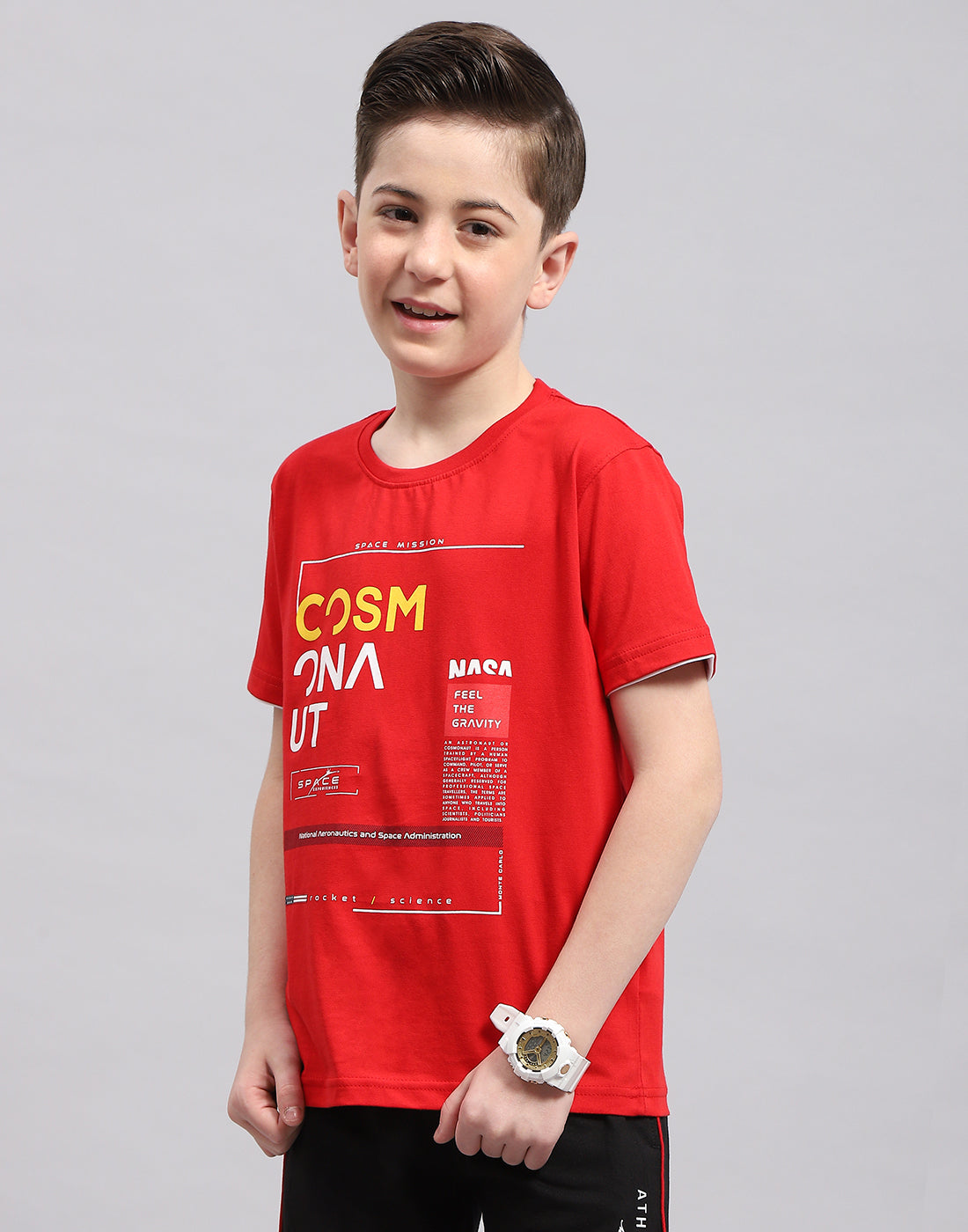 Boys Red Printed Round Neck Half Sleeve T-Shirt