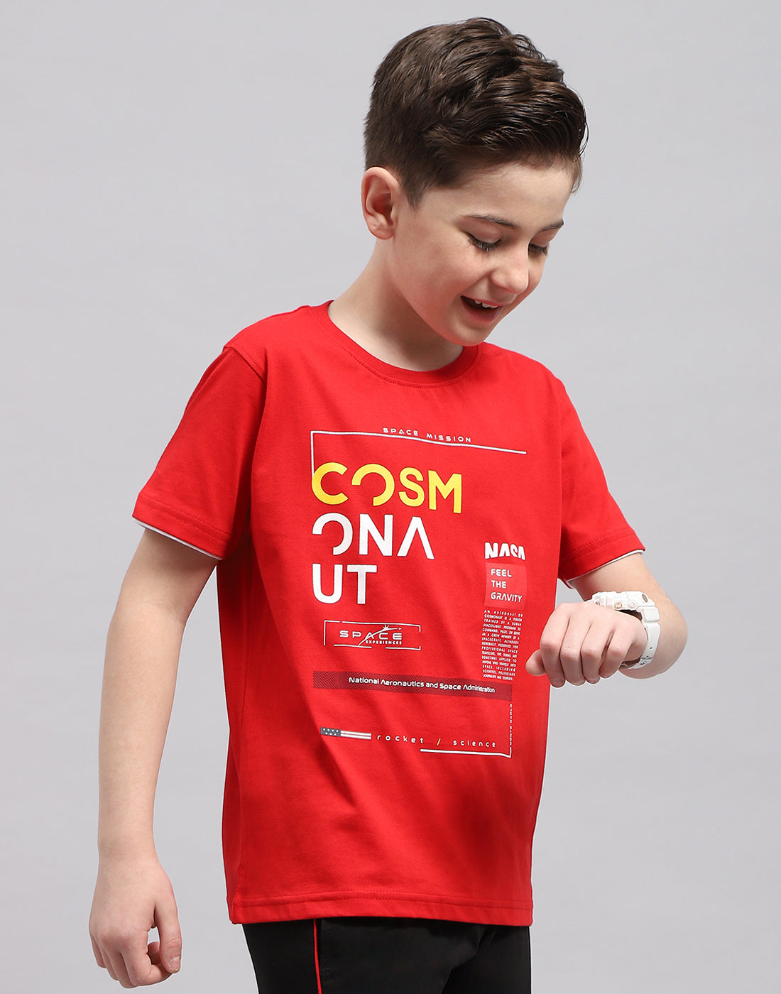 Boys Red Printed Round Neck Half Sleeve T-Shirt