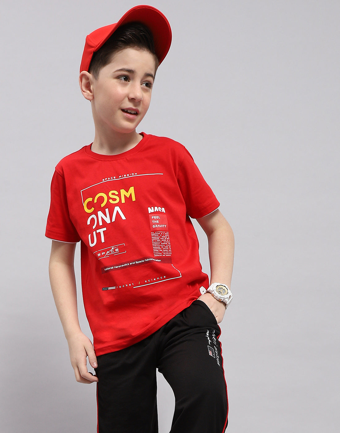 Boys Red Printed Round Neck Half Sleeve T-Shirt