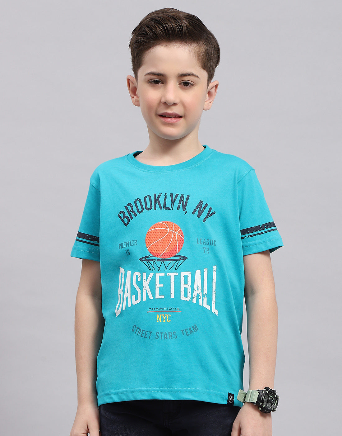 Boys Turquoise Blue Printed Round Neck Half Sleeve T-Shirt