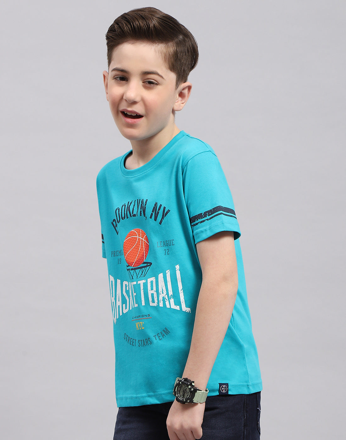 Boys Turquoise Blue Printed Round Neck Half Sleeve T-Shirt