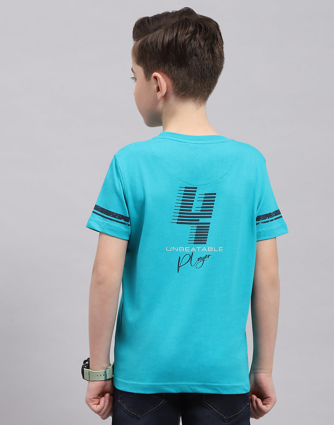 Boys Turquoise Blue Printed Round Neck Half Sleeve T-Shirt