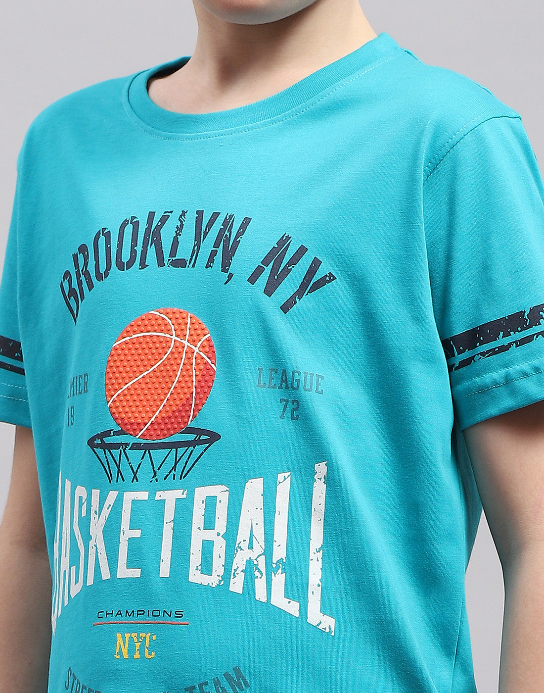 Boys Turquoise Blue Printed Round Neck Half Sleeve T-Shirt