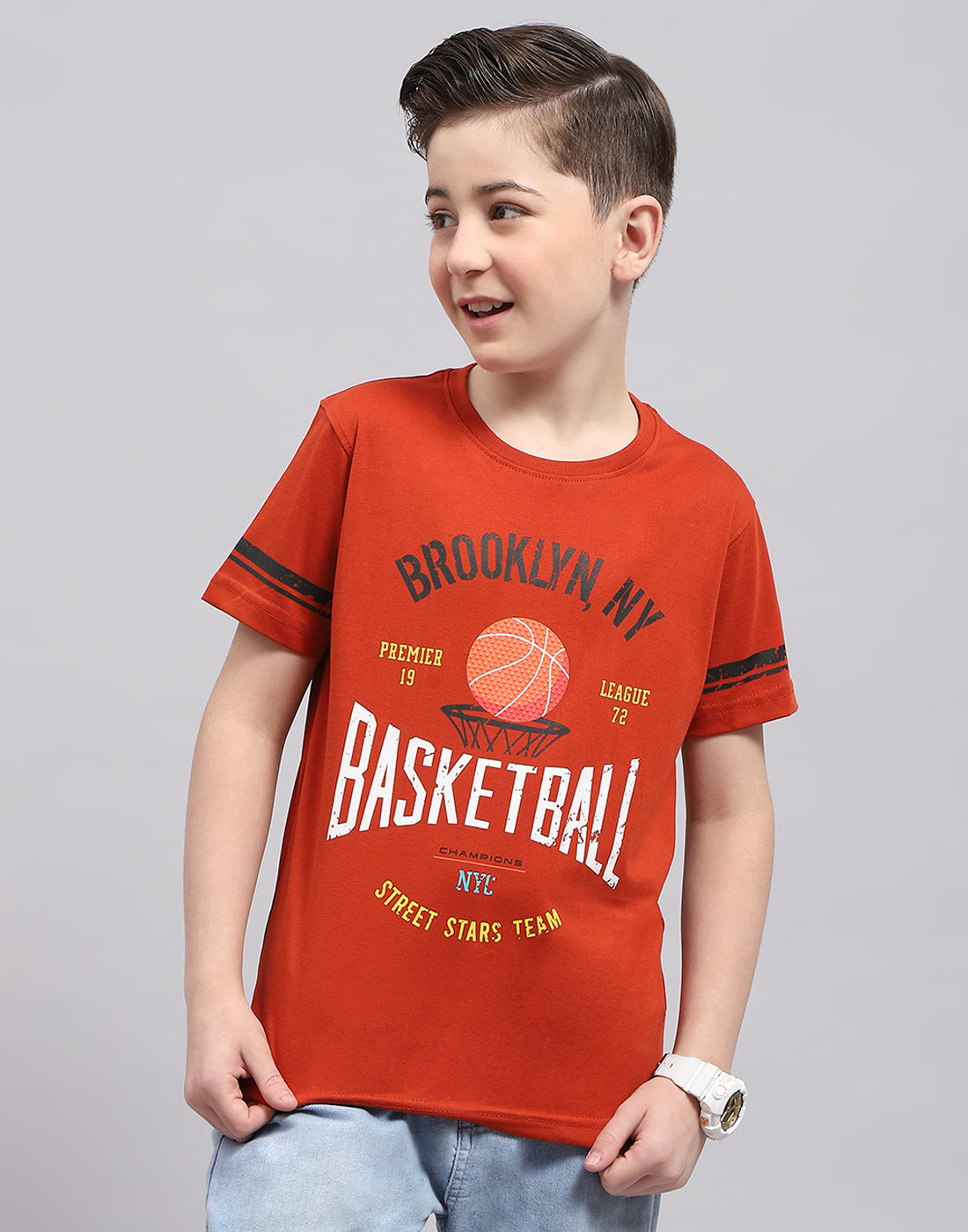 Boys Rust Printed Round Neck Half Sleeve T-Shirt