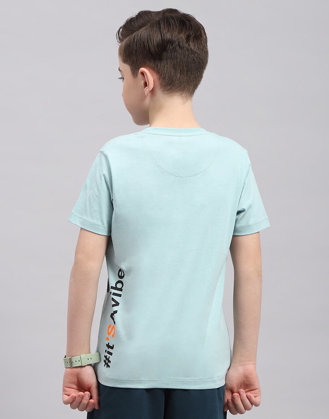 Boys Turquoise Blue Printed Round Neck Half Sleeve T-Shirt