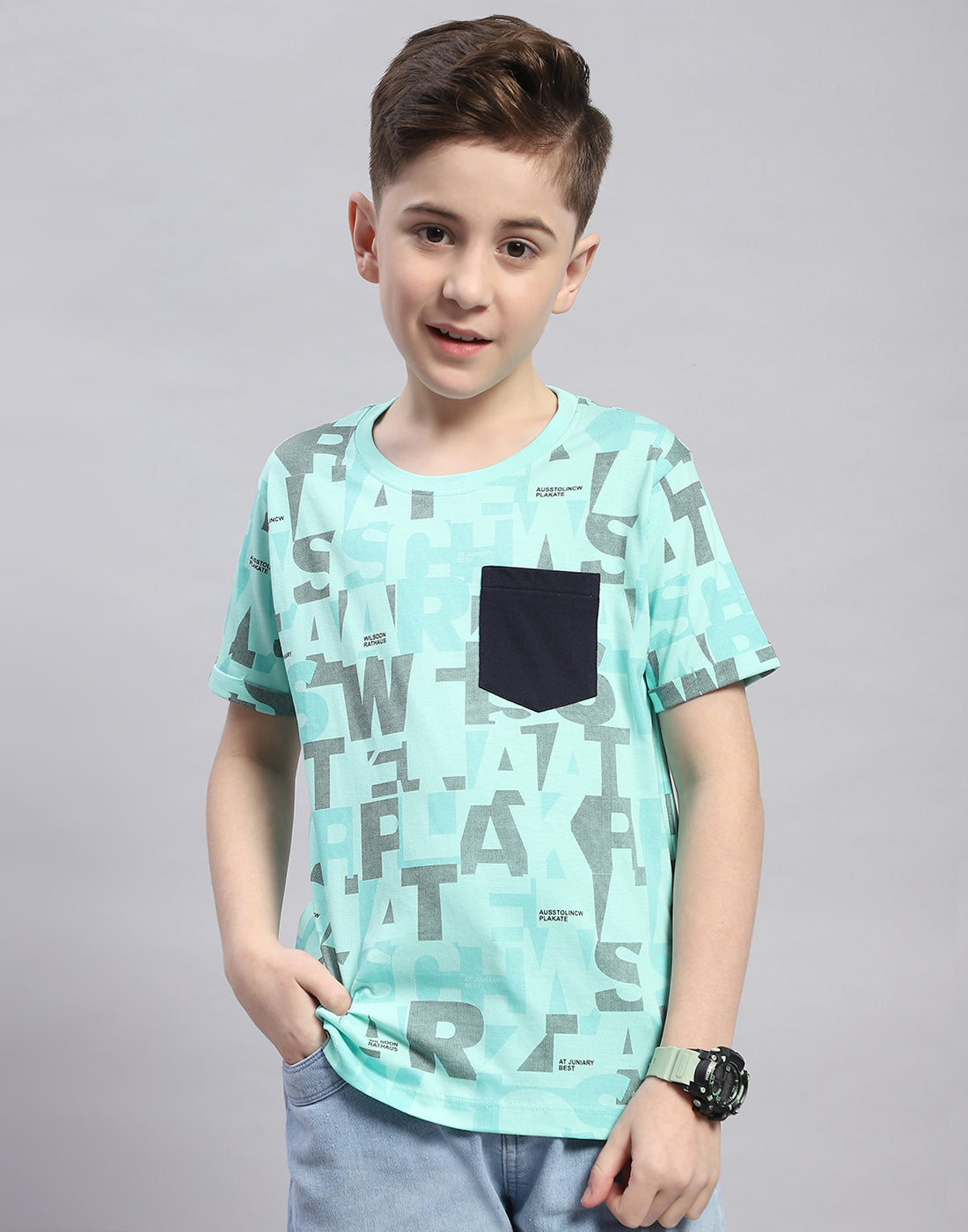 Boys Turquoise Blue Printed Round Neck Half Sleeve T-Shirt