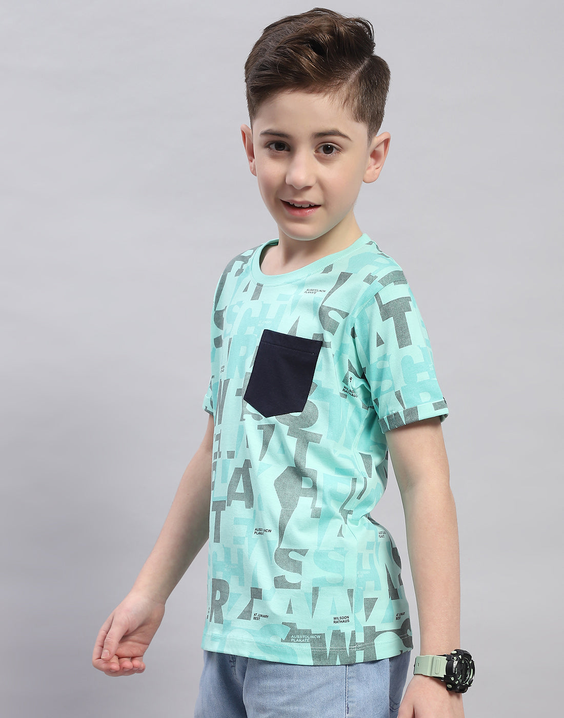 Boys Turquoise Blue Printed Round Neck Half Sleeve T-Shirt