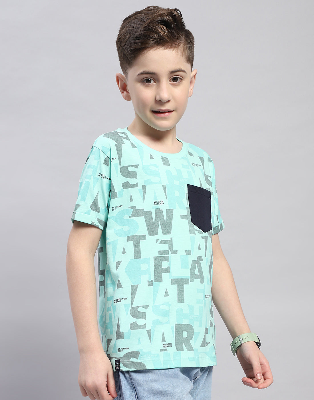 Boys Turquoise Blue Printed Round Neck Half Sleeve T-Shirt
