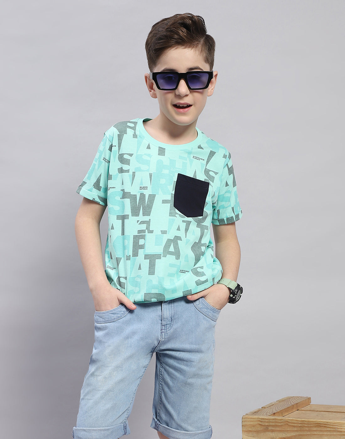 Boys Turquoise Blue Printed Round Neck Half Sleeve T-Shirt