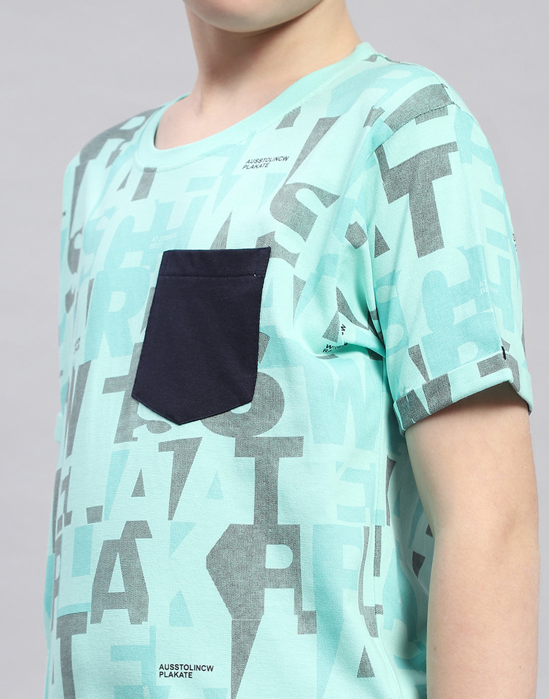 Boys Turquoise Blue Printed Round Neck Half Sleeve T-Shirt