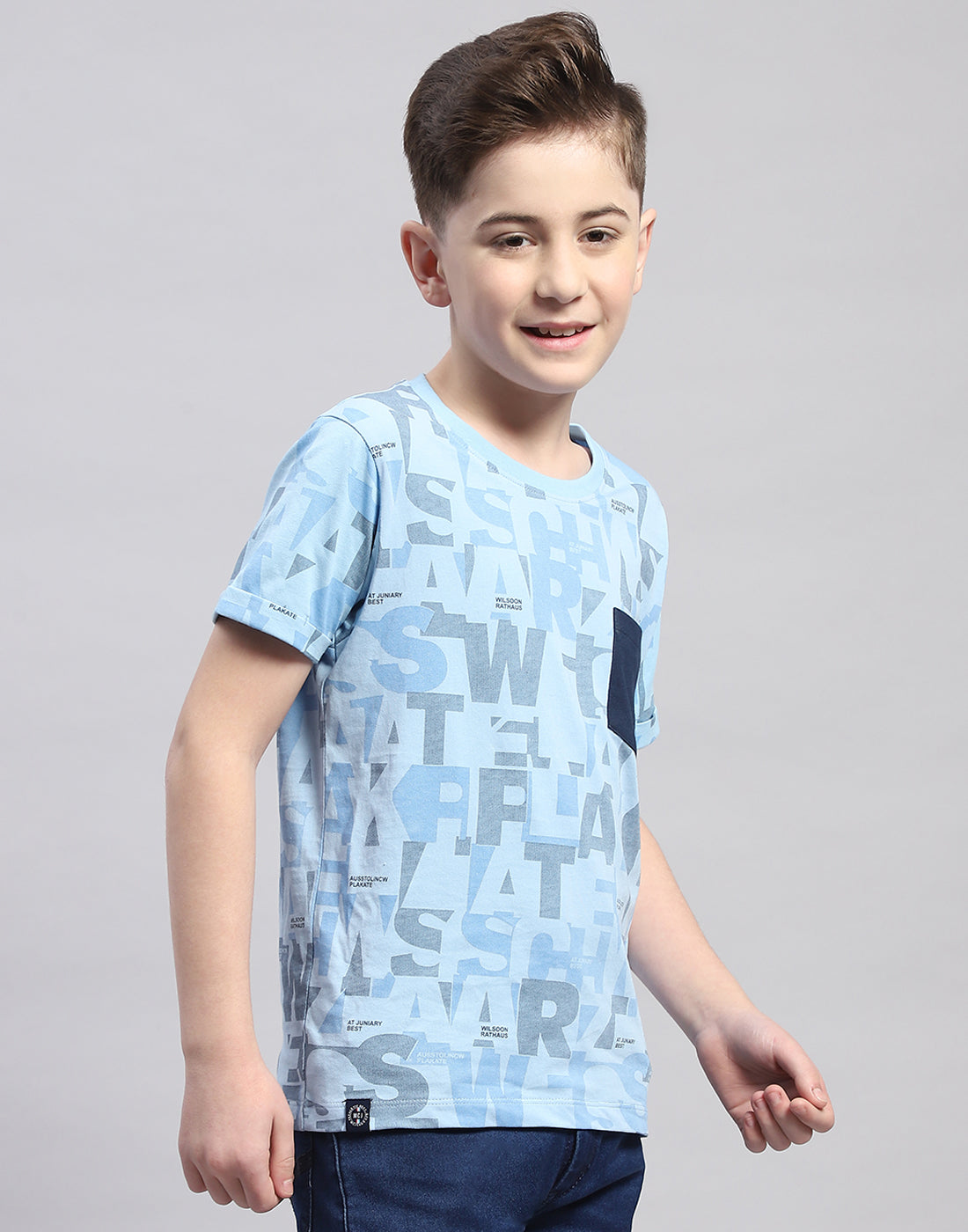 Boys Blue Printed Round Neck Half Sleeve T-Shirt