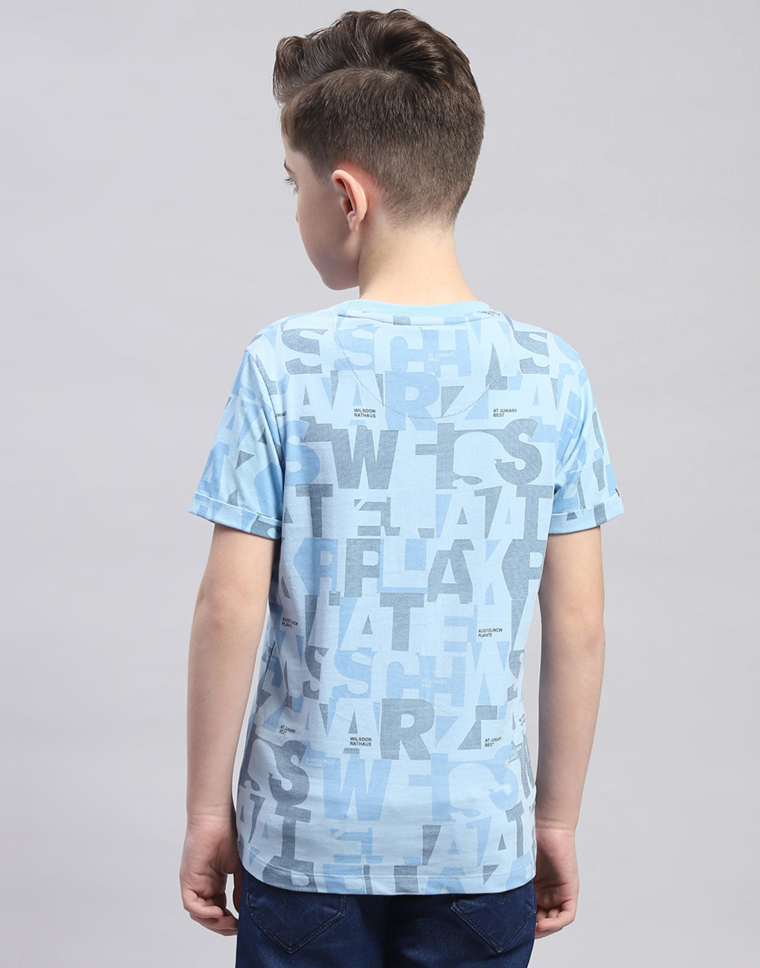 Boys Blue Printed Round Neck Half Sleeve T-Shirt