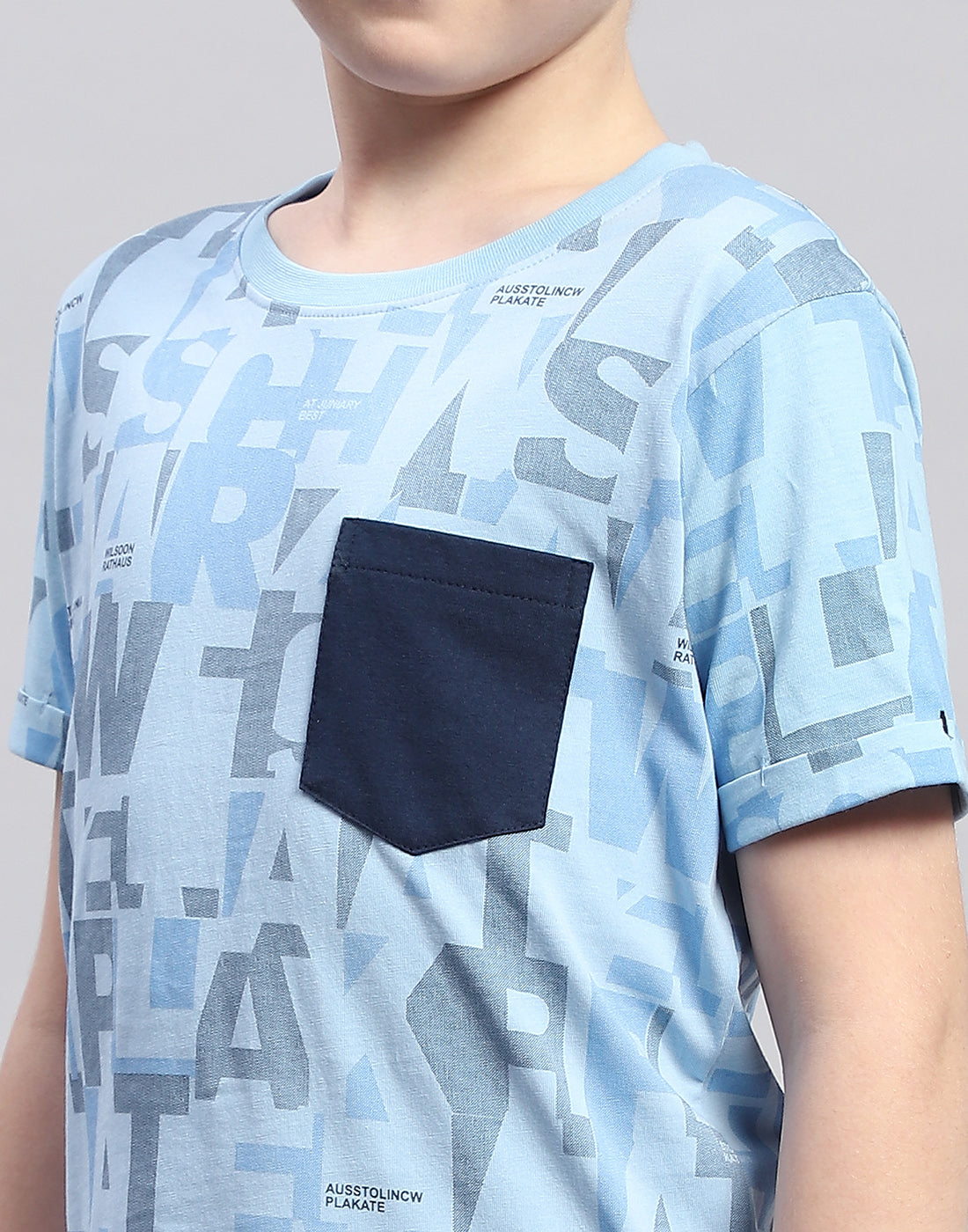 Boys Blue Printed Round Neck Half Sleeve T-Shirt