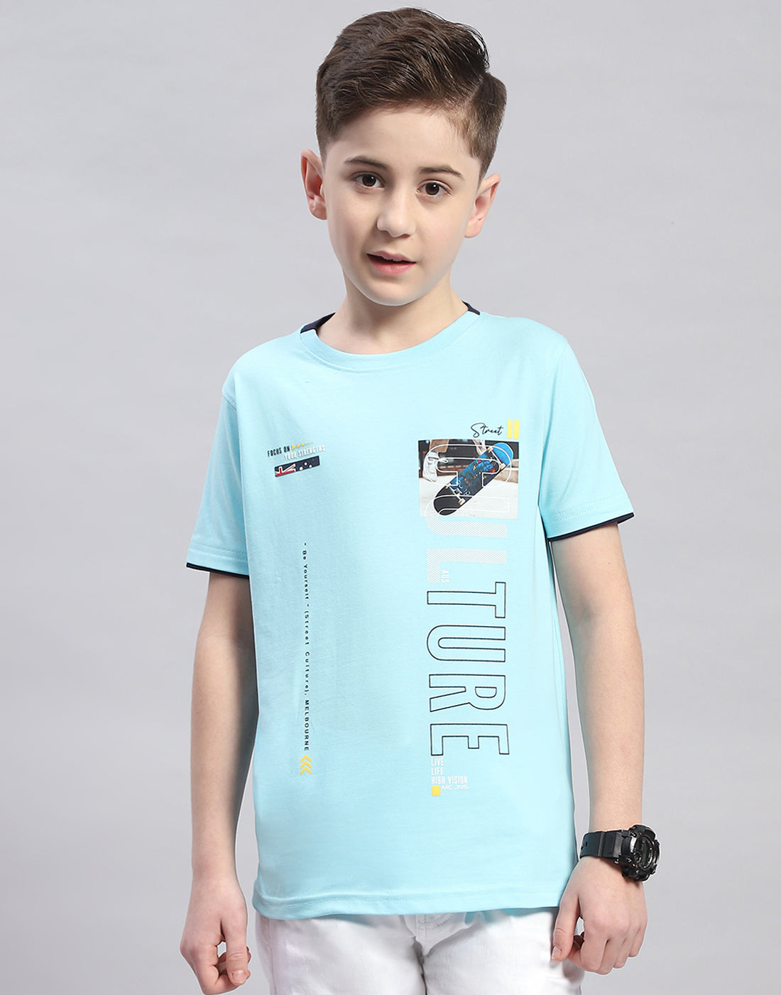 Boys Turquoise Blue Printed Round Neck Half Sleeve T-Shirt