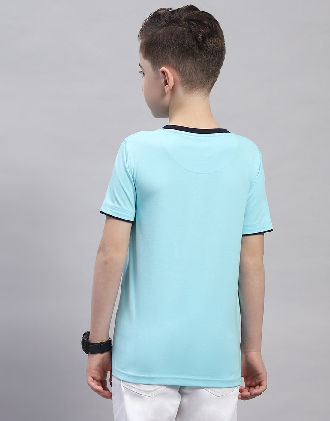 Boys Turquoise Blue Printed Round Neck Half Sleeve T-Shirt
