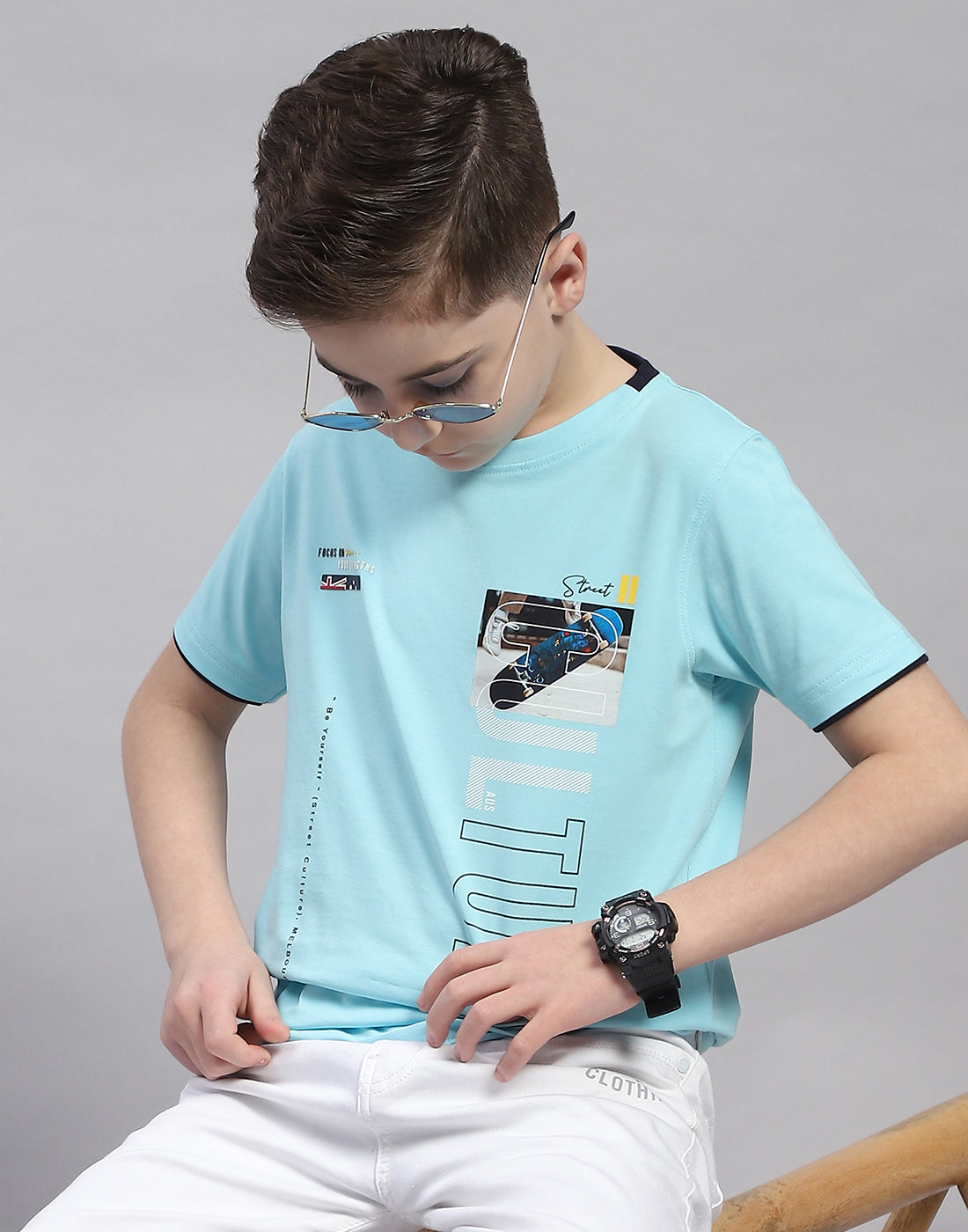 Boys Turquoise Blue Printed Round Neck Half Sleeve T-Shirt