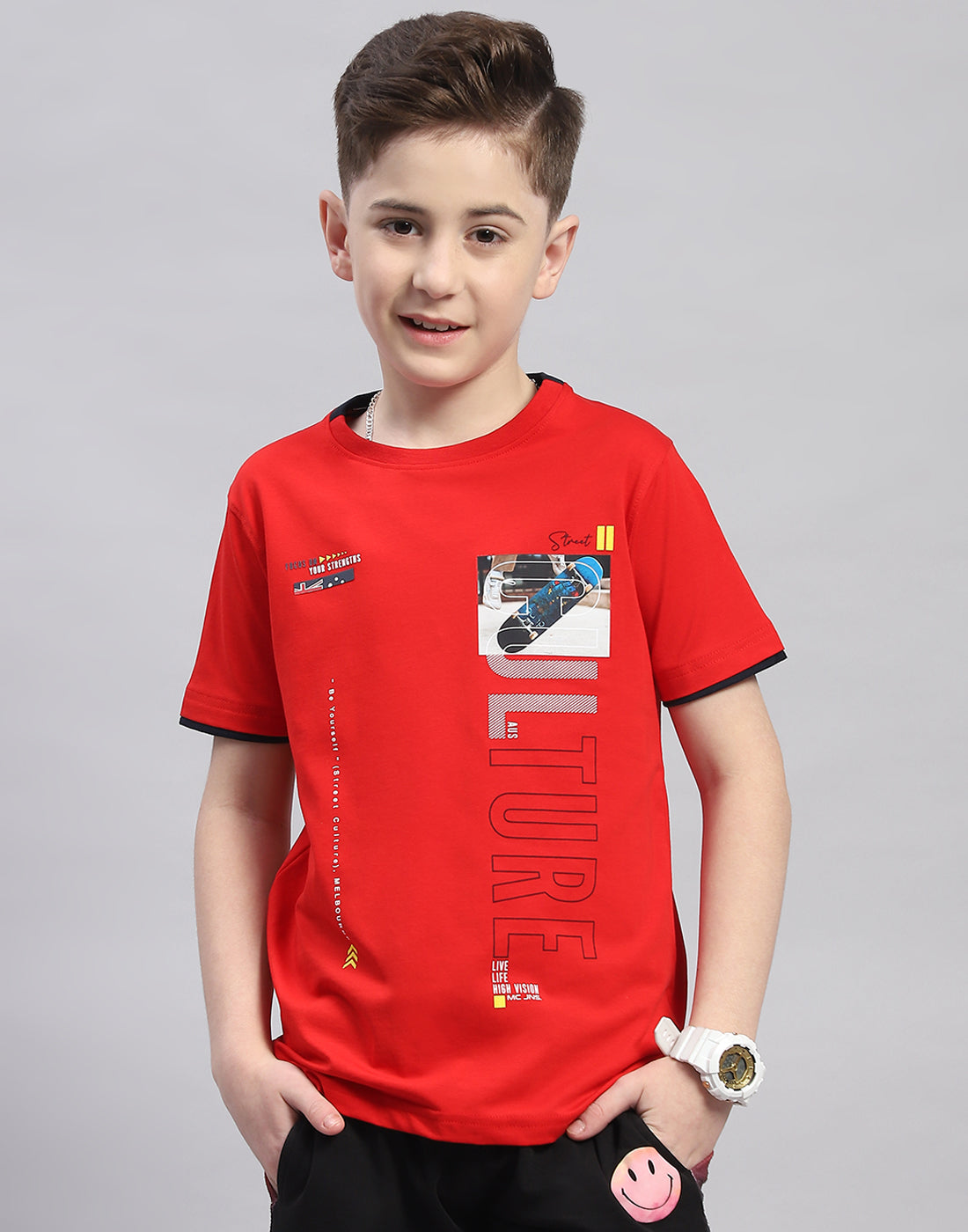 Boys Red Printed Round Neck Half Sleeve T-Shirt