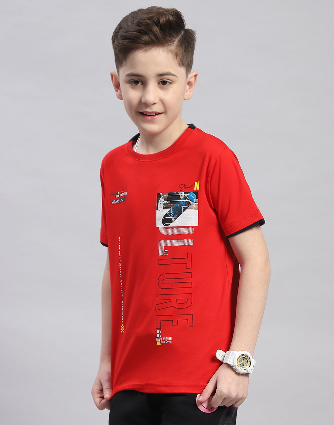 Boys Red Printed Round Neck Half Sleeve T-Shirt