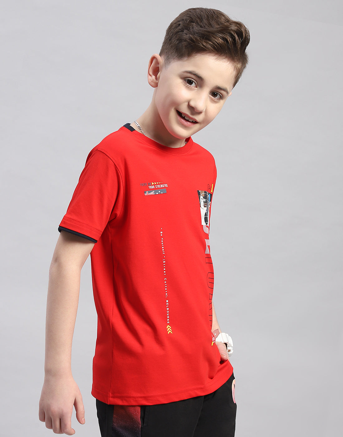 Boys Red Printed Round Neck Half Sleeve T-Shirt
