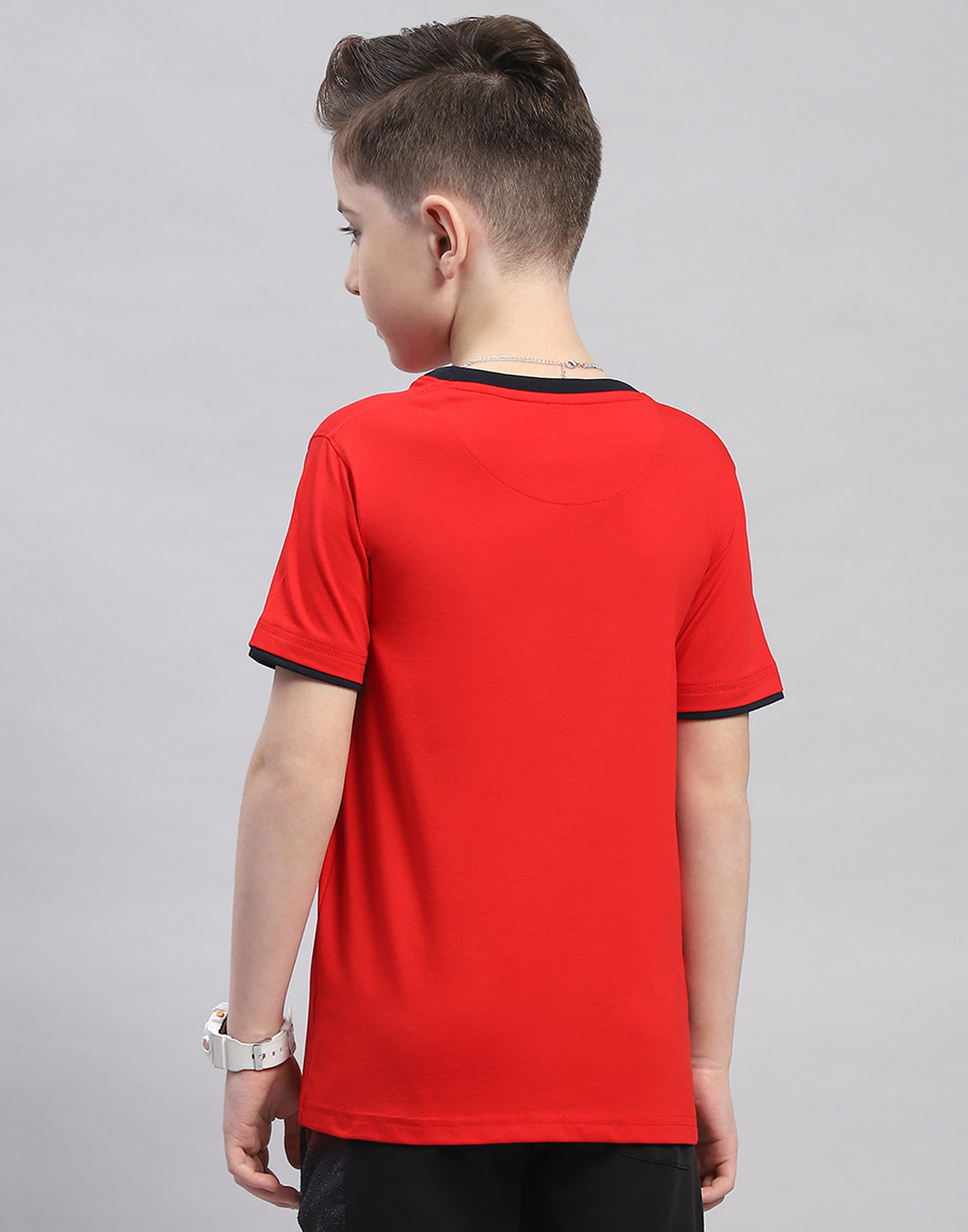 Boys Red Printed Round Neck Half Sleeve T-Shirt