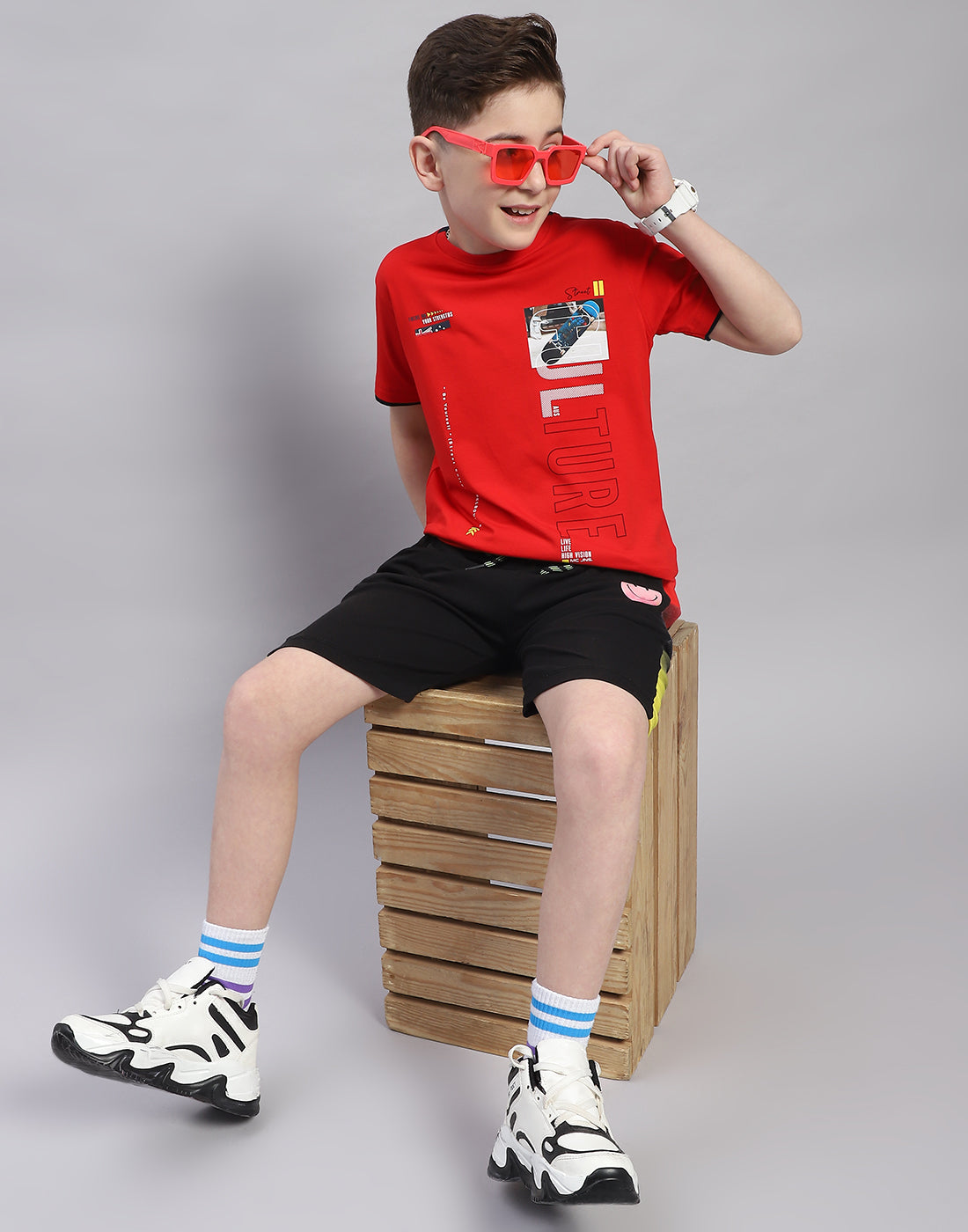 Boys Red Printed Round Neck Half Sleeve T-Shirt