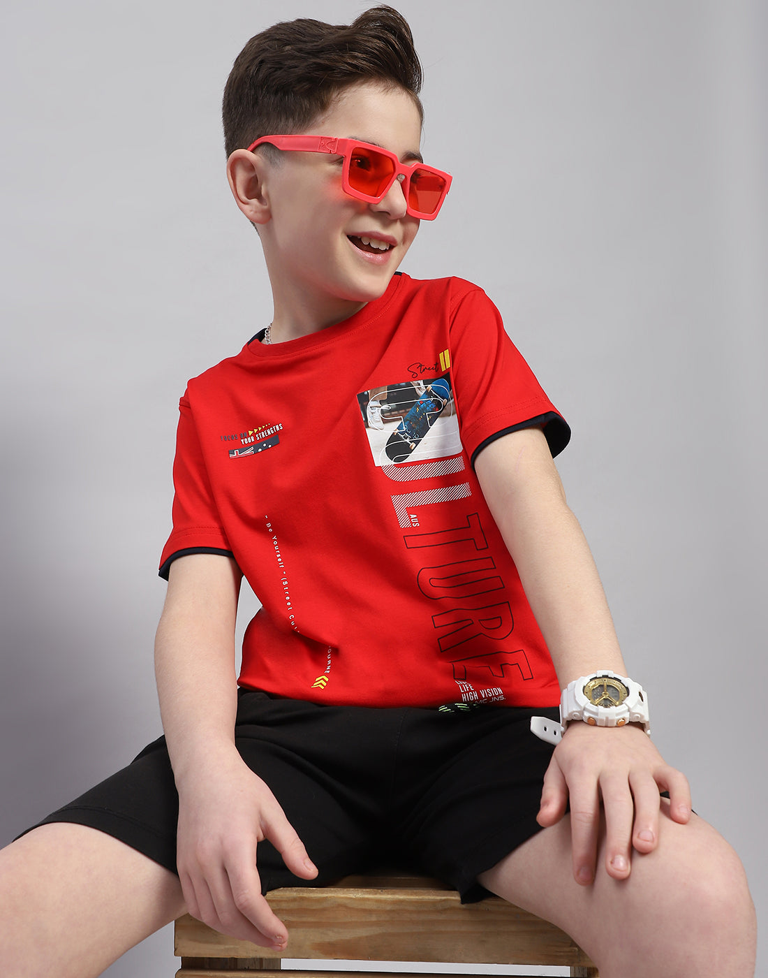 Boys Red Printed Round Neck Half Sleeve T-Shirt