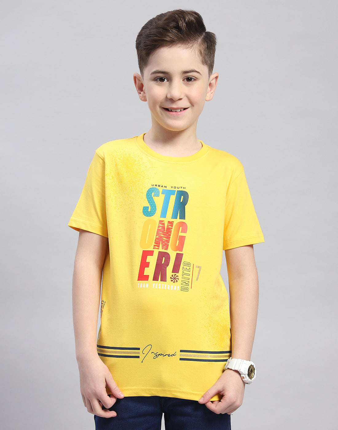 Boys Yellow Printed Round Neck Half Sleeve T-Shirt