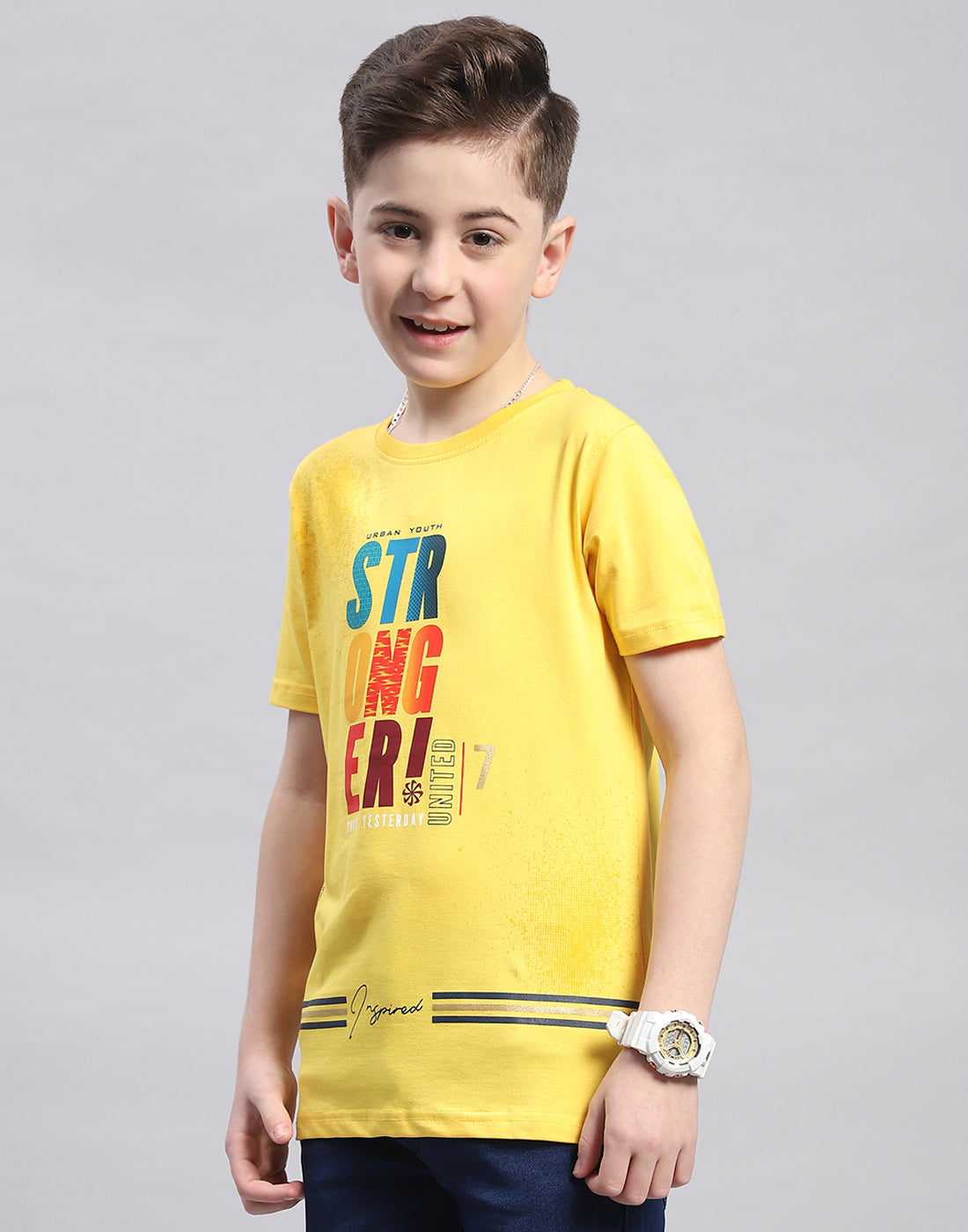 Boys Yellow Printed Round Neck Half Sleeve T-Shirt
