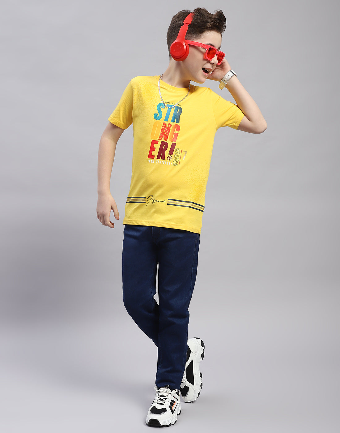 Boys Yellow Printed Round Neck Half Sleeve T-Shirt