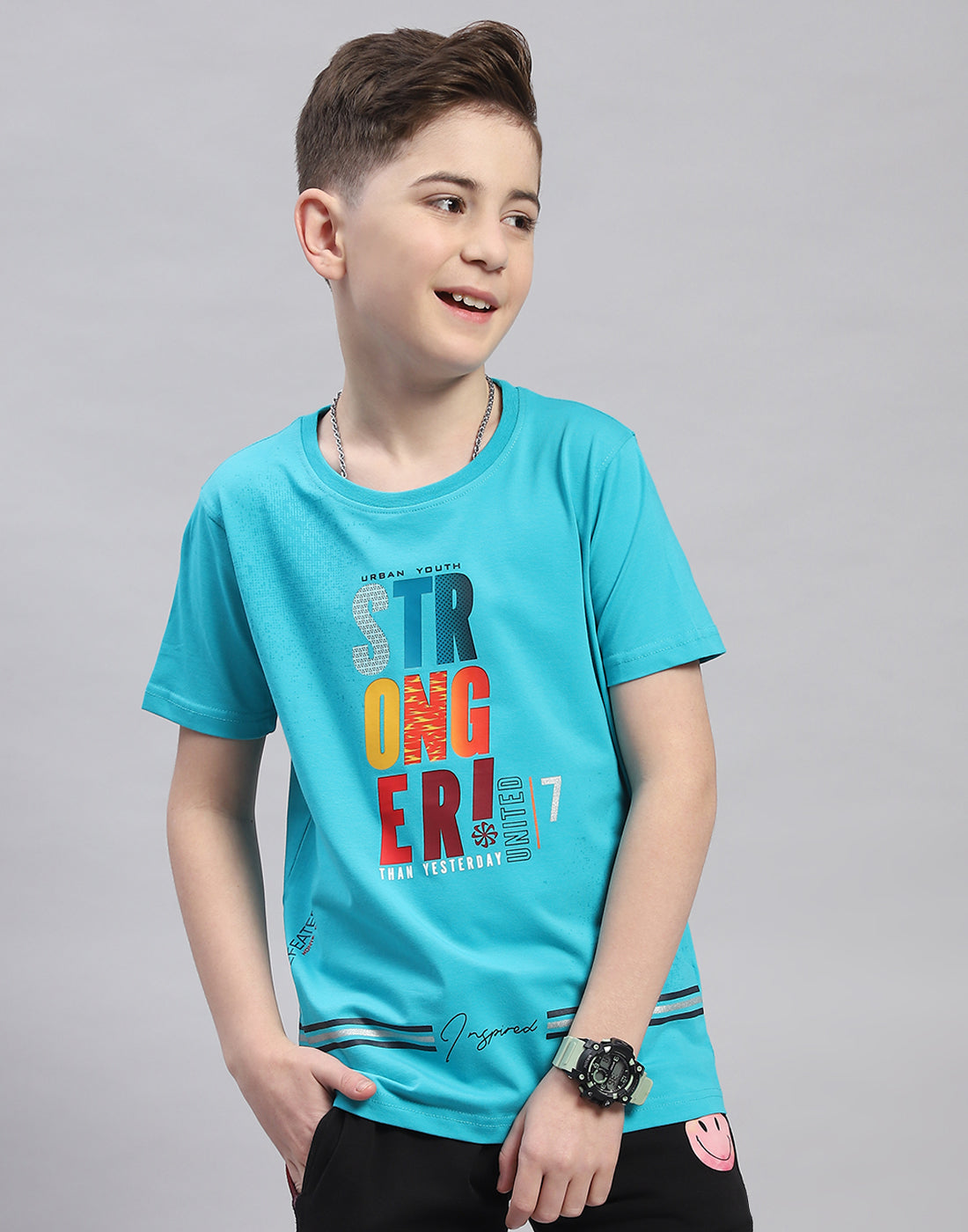 Boys Blue Printed Round Neck Half Sleeve T-Shirt