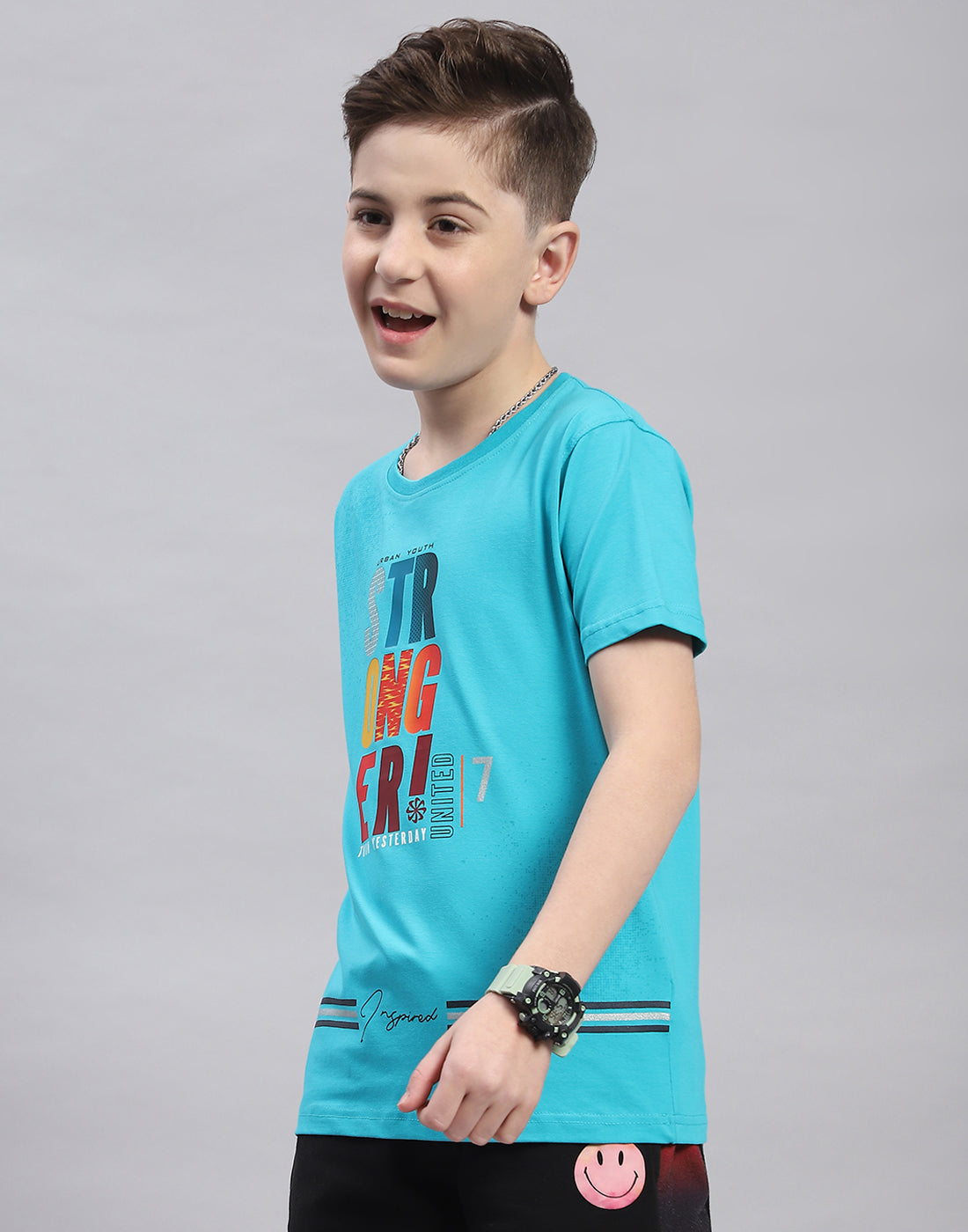 Boys Blue Printed Round Neck Half Sleeve T-Shirt