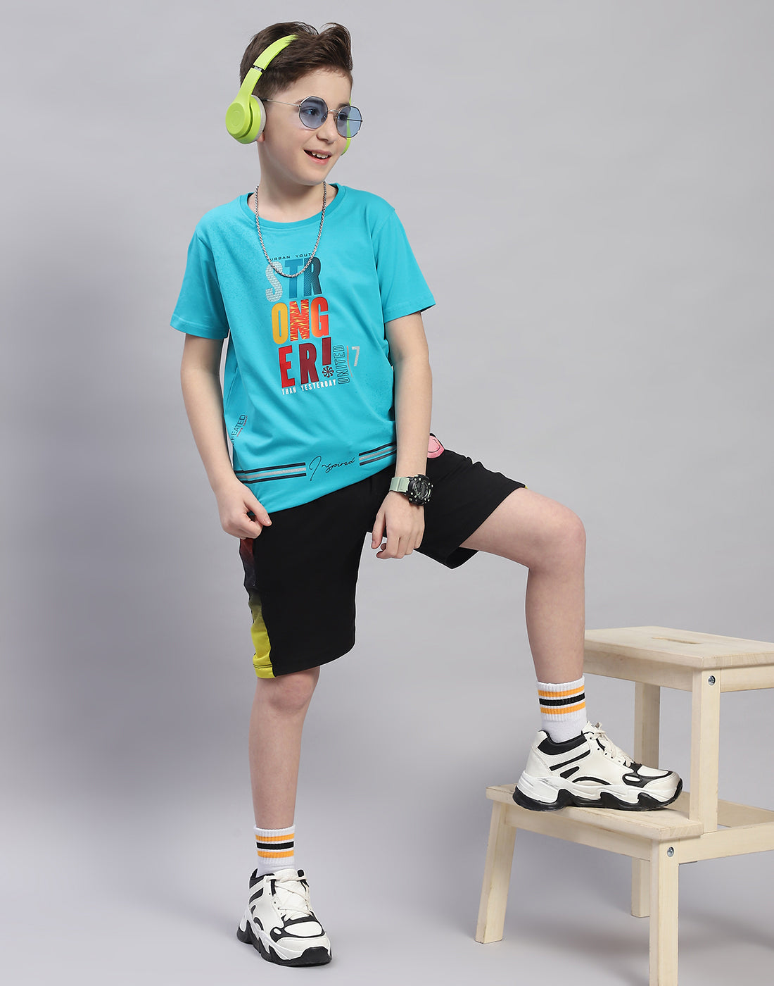 Boys Blue Printed Round Neck Half Sleeve T-Shirt