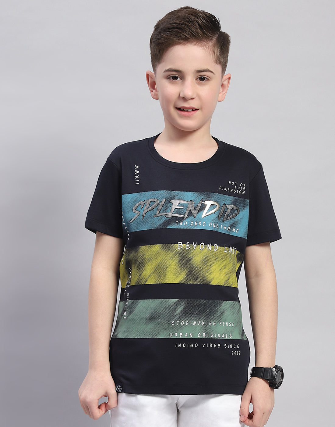 Boys Navy Blue Printed Round Neck Half Sleeve T-Shirt