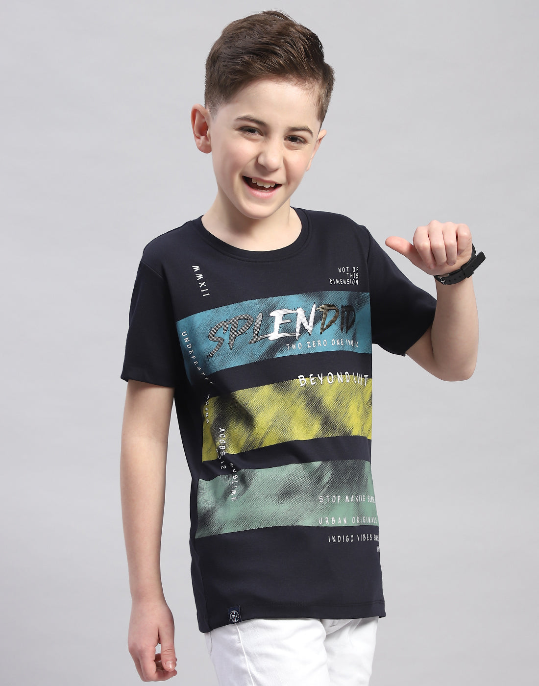 Boys Navy Blue Printed Round Neck Half Sleeve T-Shirt