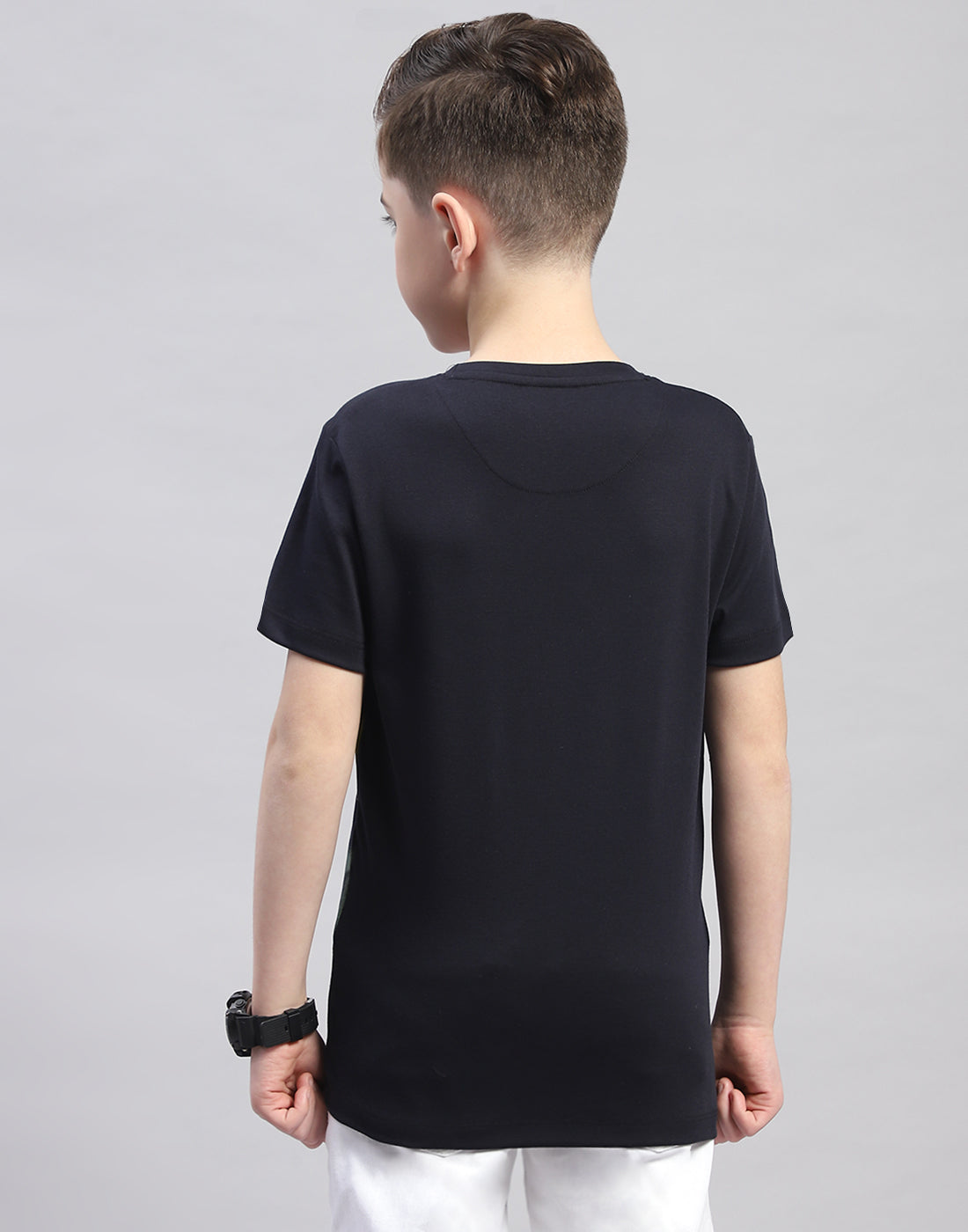 Boys Navy Blue Printed Round Neck Half Sleeve T-Shirt